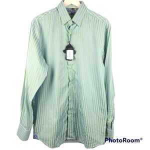 Visconti Black Medium Button up Shirt Green Blue Stripes‎ Long Sleeve Metallic